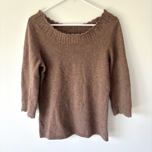 Mainbocher Pure 100% Cashmere Brown Sweater 3/4 Sleeve Knit Crochet Luxury - Picture 1 of 6